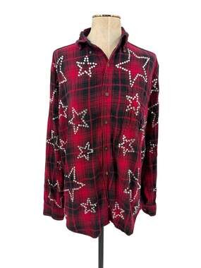 Furst of a Kind Rhinestone Star Plaid Flannel Shirt Red Black Western Medium